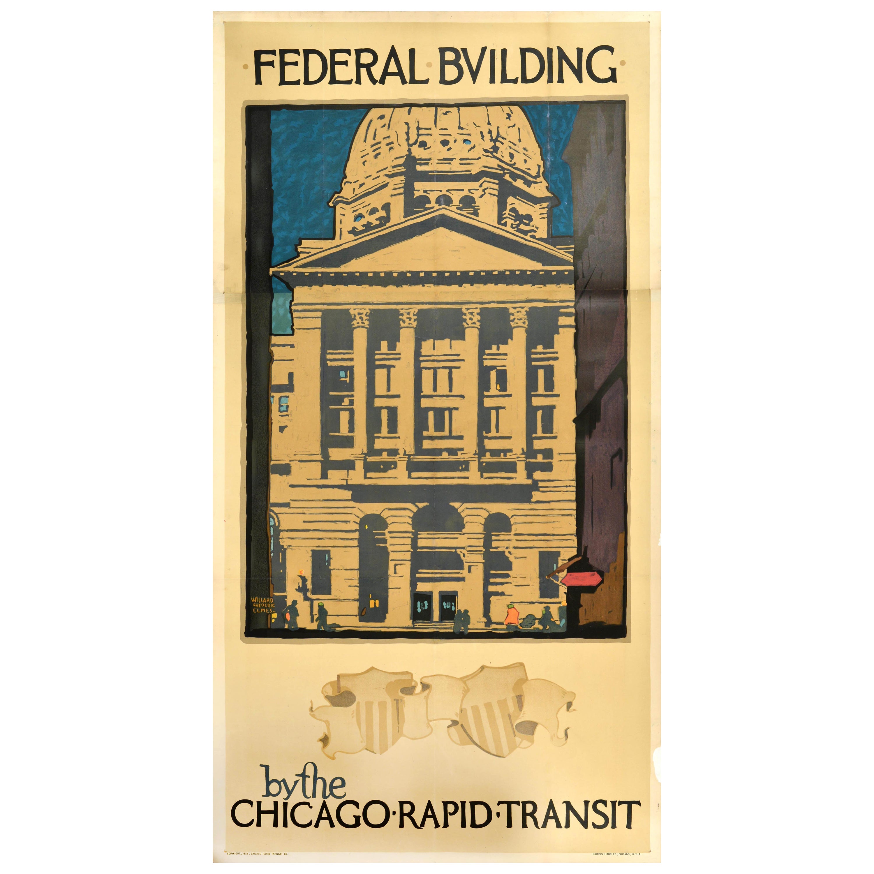 Original Vintage Travel Poster Federal Building Chicago Rapid Transit Illinois For Sale