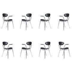 Set of Eight Black Leather and Chrome steel Dining Room Chairs, Italy 1970s