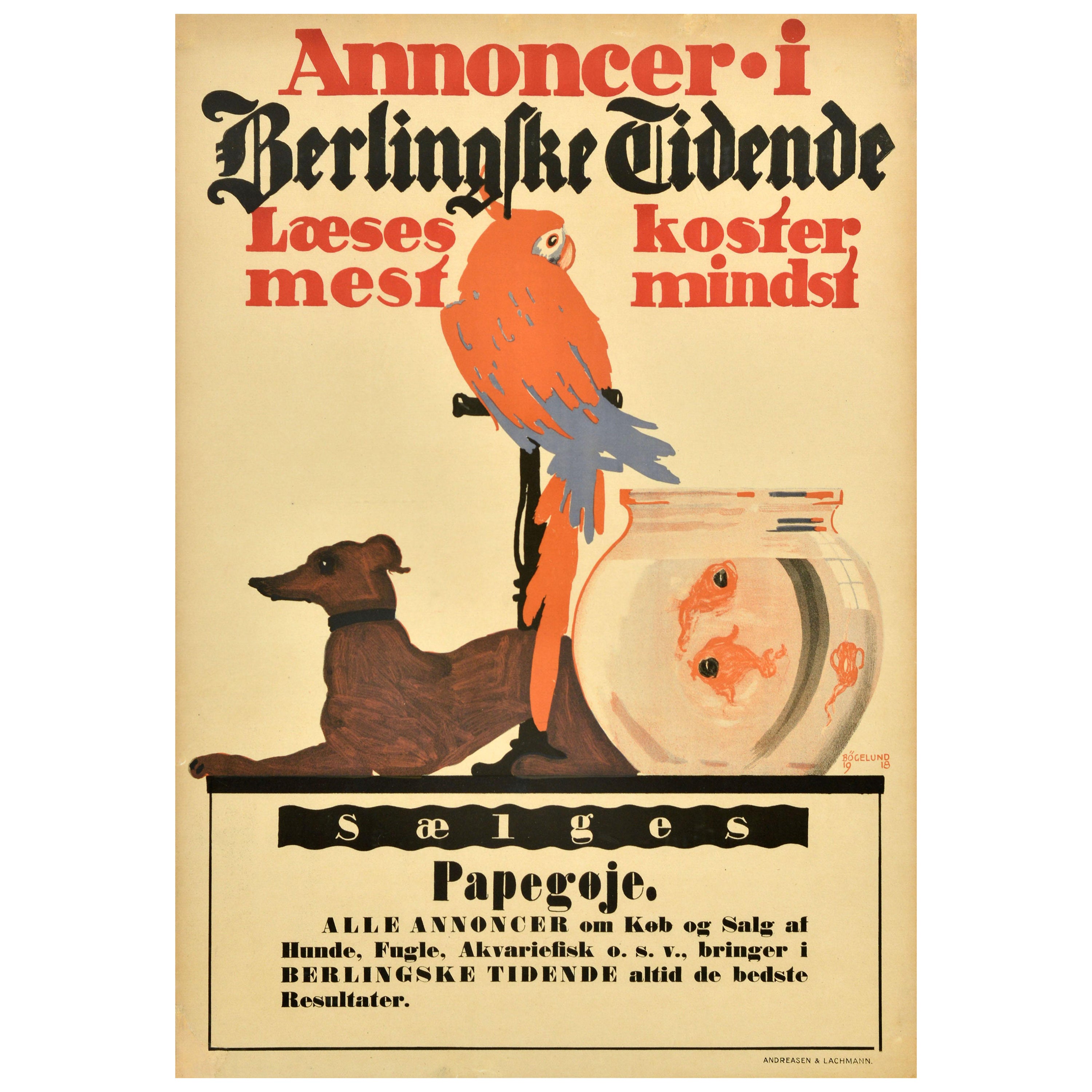 Original Antikes Werbeplakat Berlingske Tidende Zeitung Papagei-Hunde-Fisch im Angebot