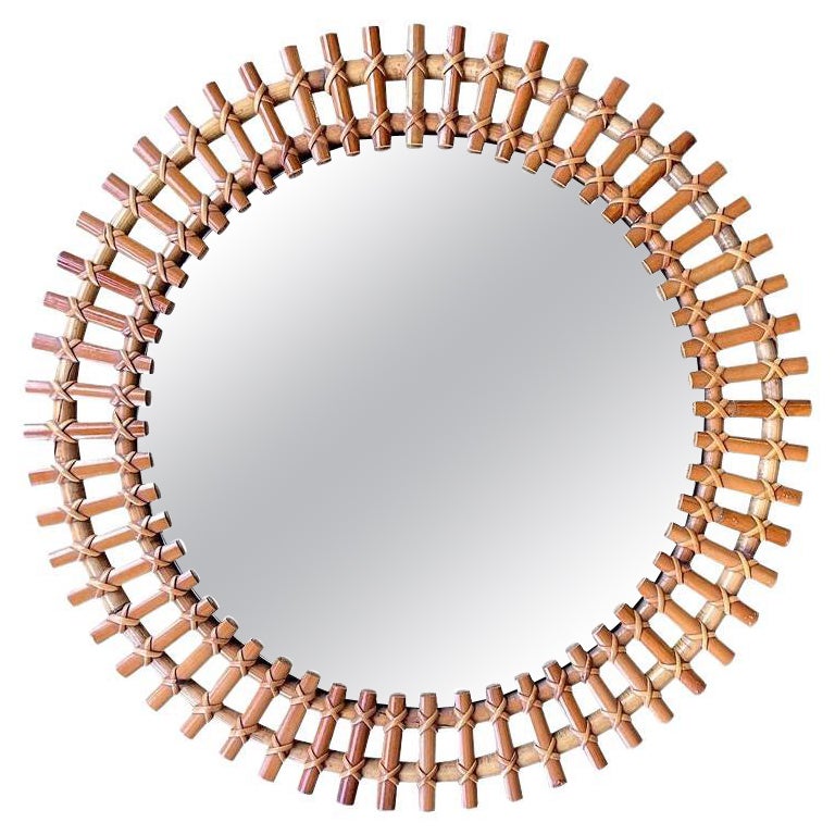 A large Italian 1970s Split cane bamboo circular mirror For Sale