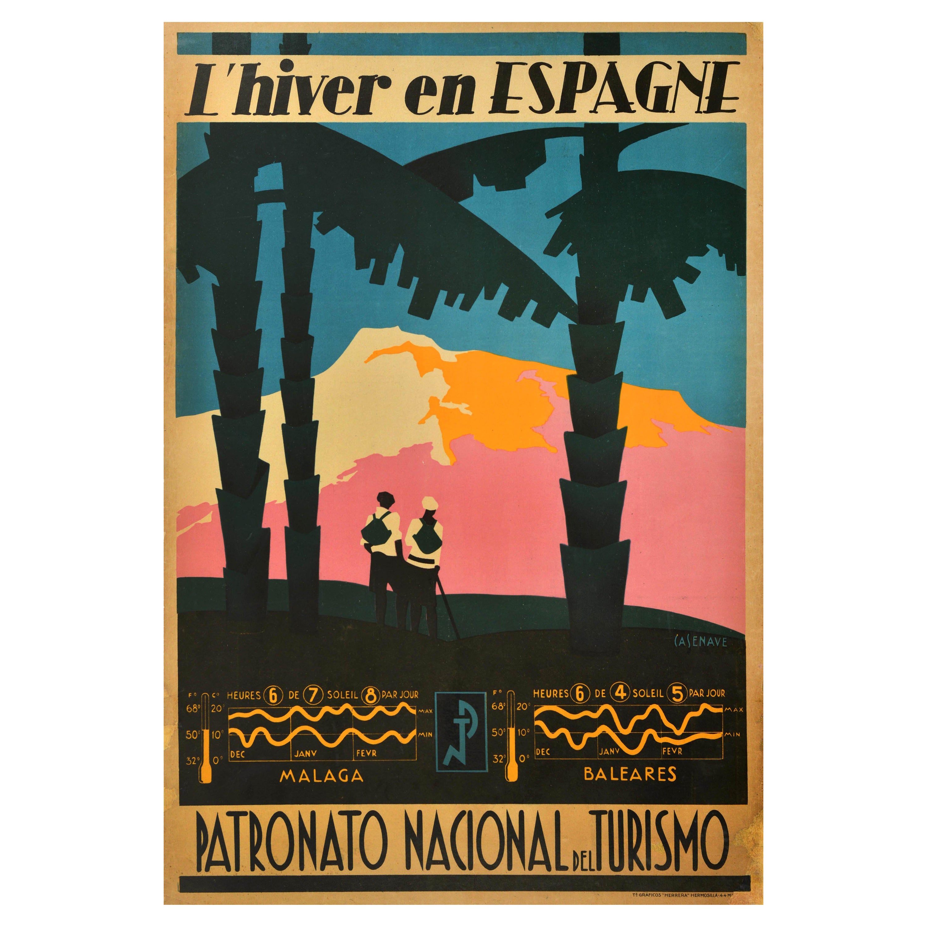 Original Antikes Reiseplakat „Winter In Spain“, Malaga Balearische Inseln, Art déco