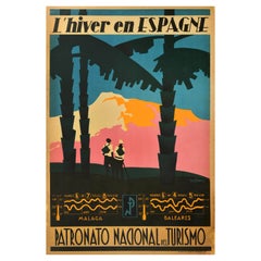 Original Retro Travel Poster Winter In Spain Malaga Balearic Islands Art Deco