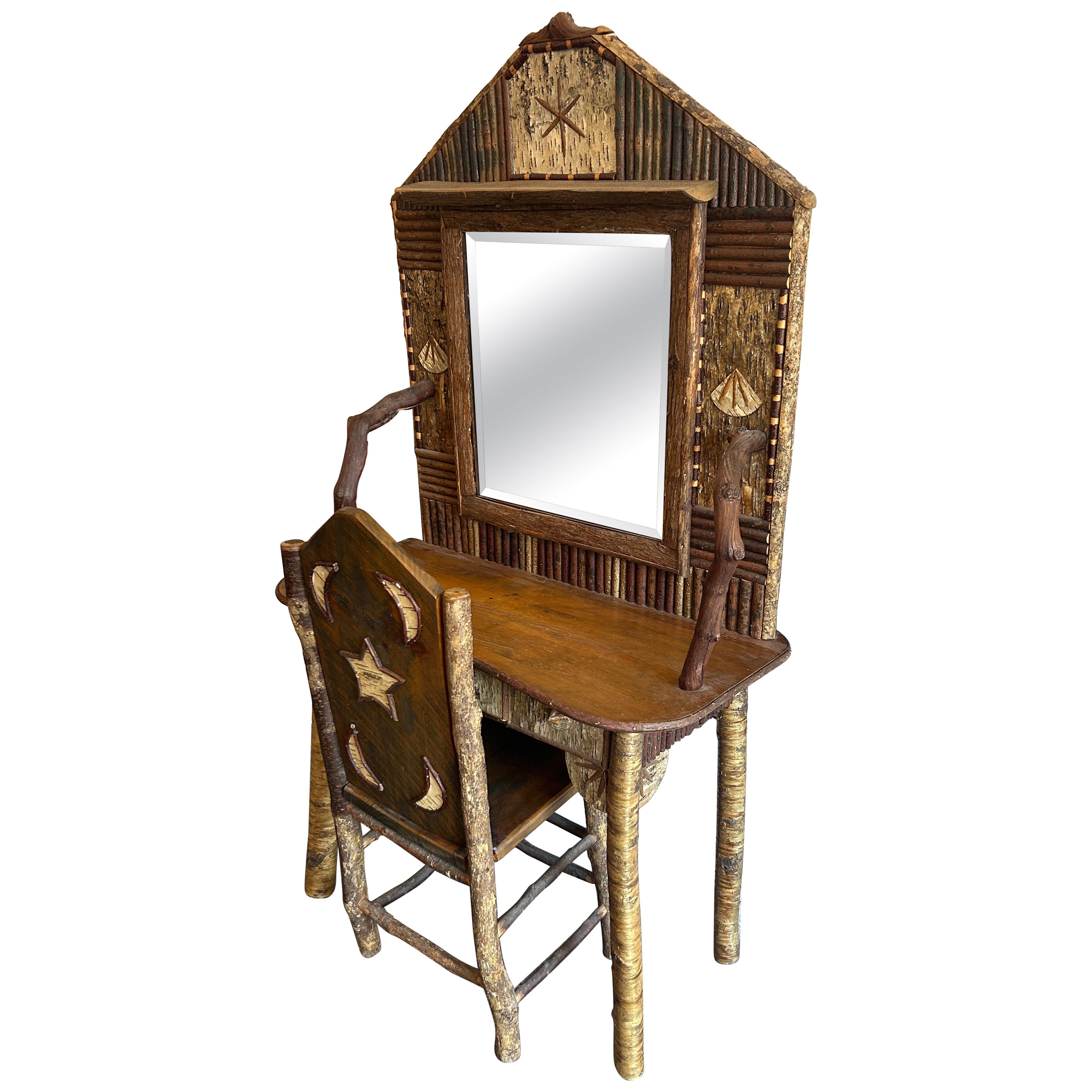 Whimsical rustic Adirondack child’s Vanity Mirror desk and chair studio craft For Sale