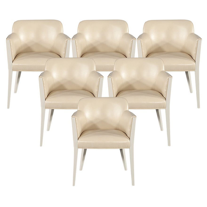 Set of 6 Custom Modern Cream Dining Chairs in Ostrich Print Faux Leather For Sale