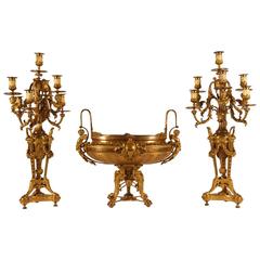 Antique French Louis XVI Style, Dore Bronze Three-Piece Centerpiece Garniture 6