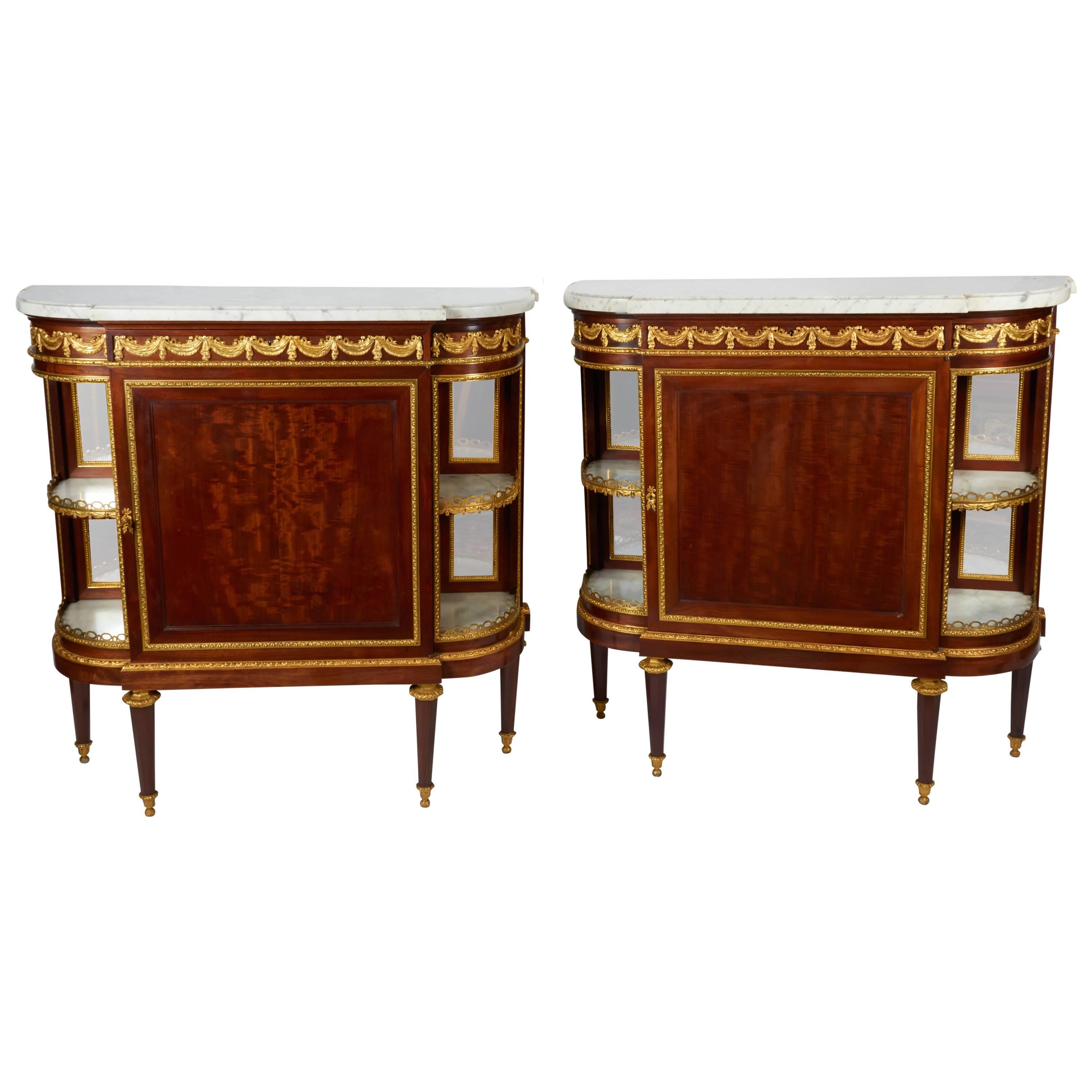 Fine Pair of French Louis XVI Style Side Cabinets or Vitrines, Attributed Dasson