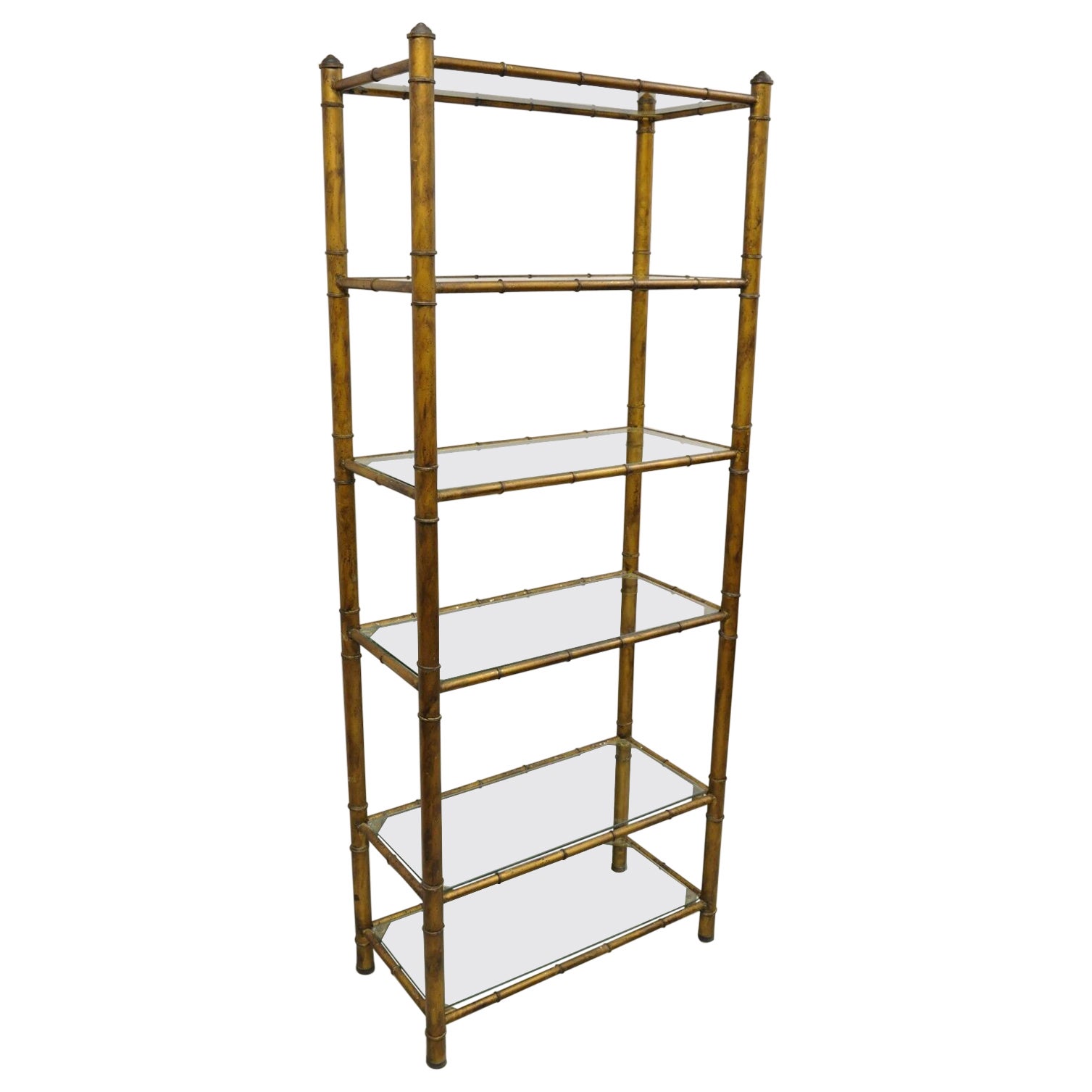 Vtg Hollywood Regency Faux Bamboo Steel Metal Gold 6 Tier Etagere Shelf Bookcase For Sale