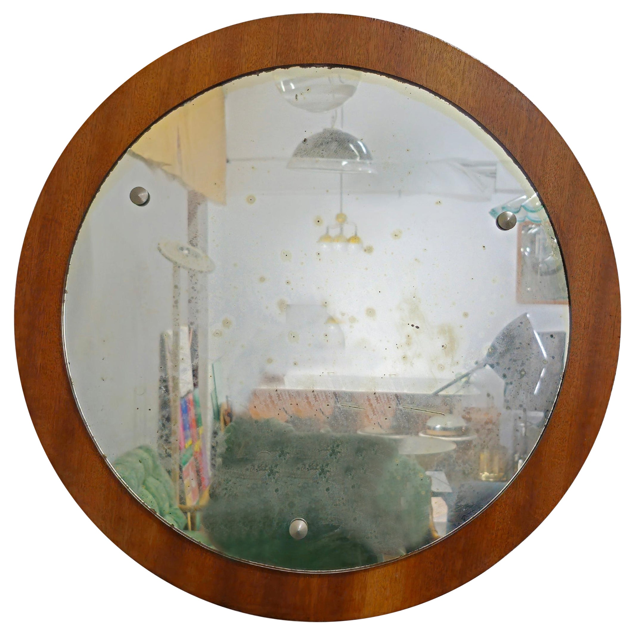Wall Mirror Wood Round Shaped Aluminum Midcentury Modern Italian Design 1960s For Sale
