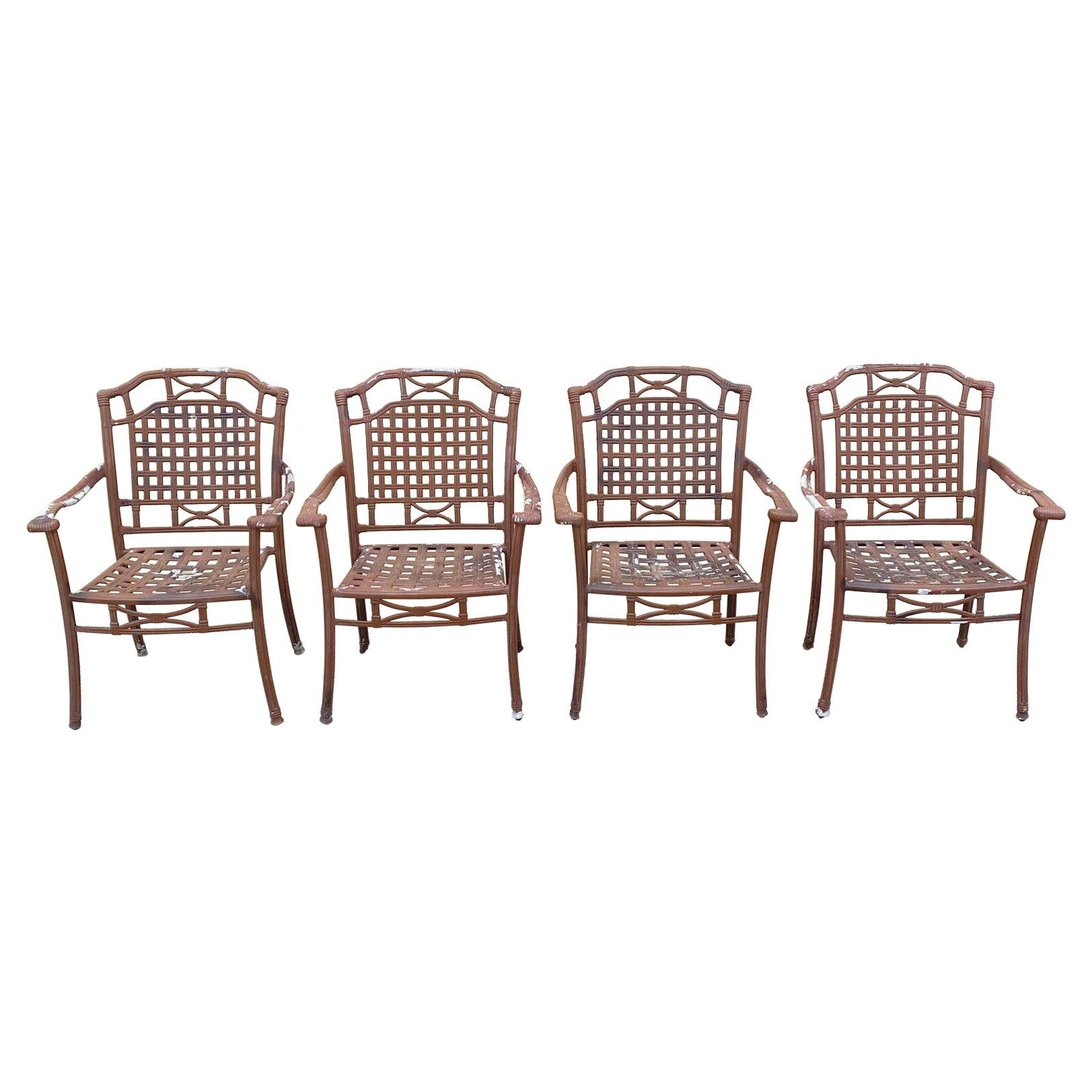 Cast Aluminum Basket Weave Lattice Rattan Patio Outdoor Arm Chairs - Set of 4 For Sale
