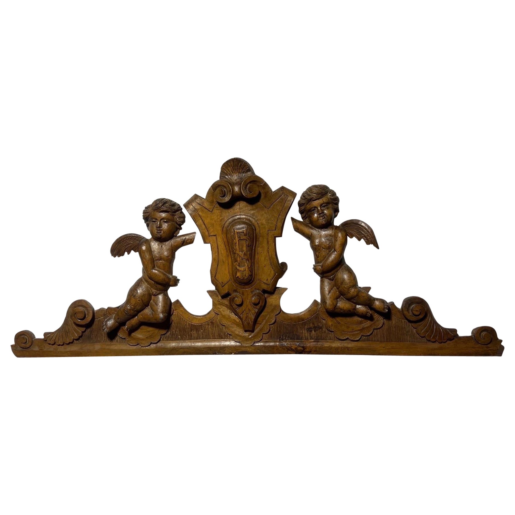 19th Century Carved Walnut Crown Piece or Crest With Monogram and Putti For Sale