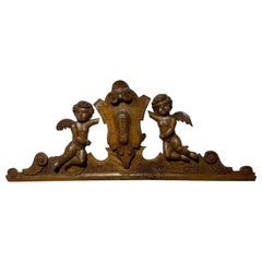 Antique 19th Century Carved Walnut Crown Piece or Crest With Monogram and Putti