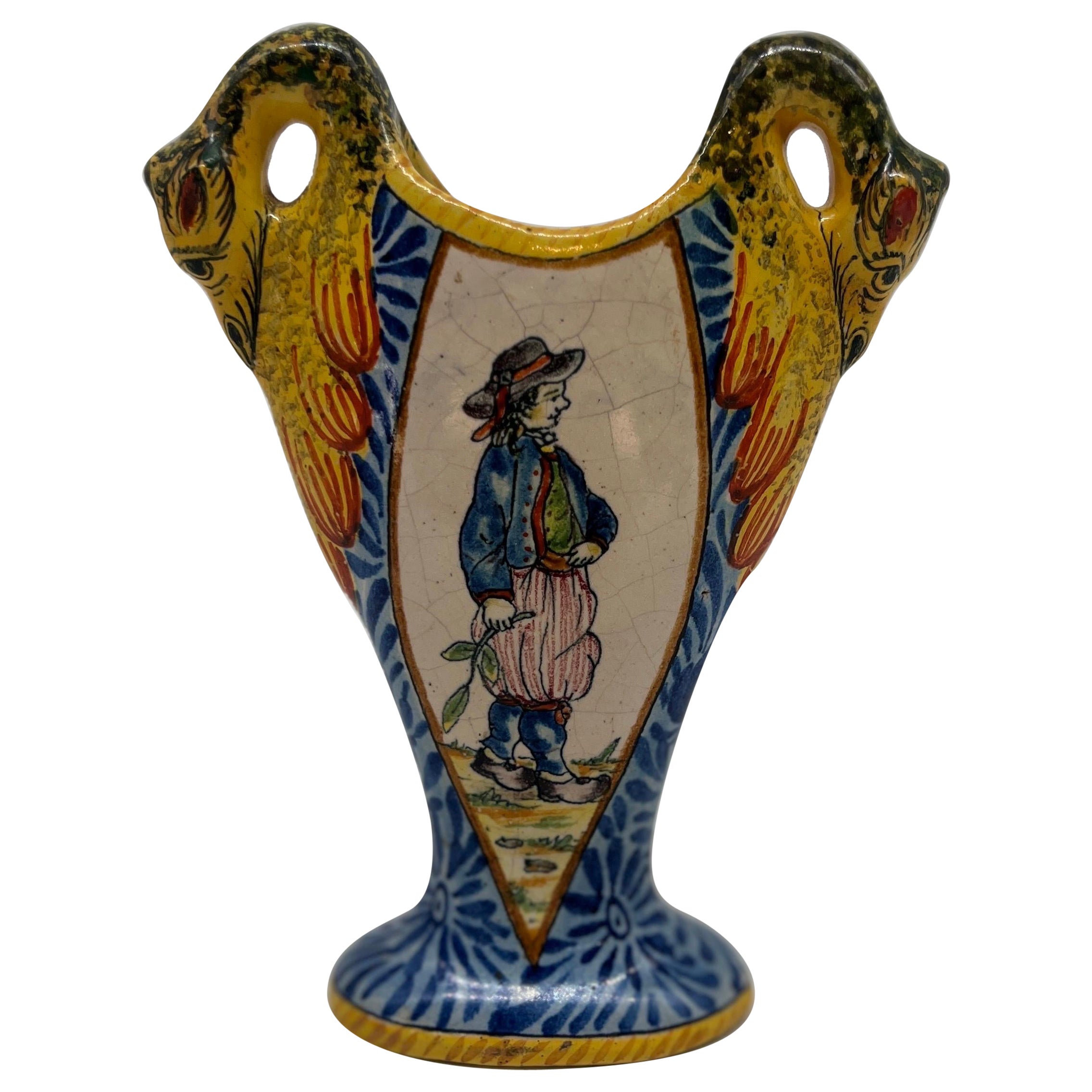 19th Century French Hand Painted Faience Porquier-Beau Quimper Swan Vase For Sale