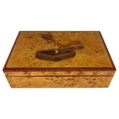Vintage Diamond Crown “Smoking Cigar” Inlaid Burl-Wood Humidor