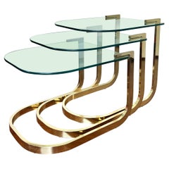 A set of 3 1970's mid century modern glass & brass nesting tables milo baughman