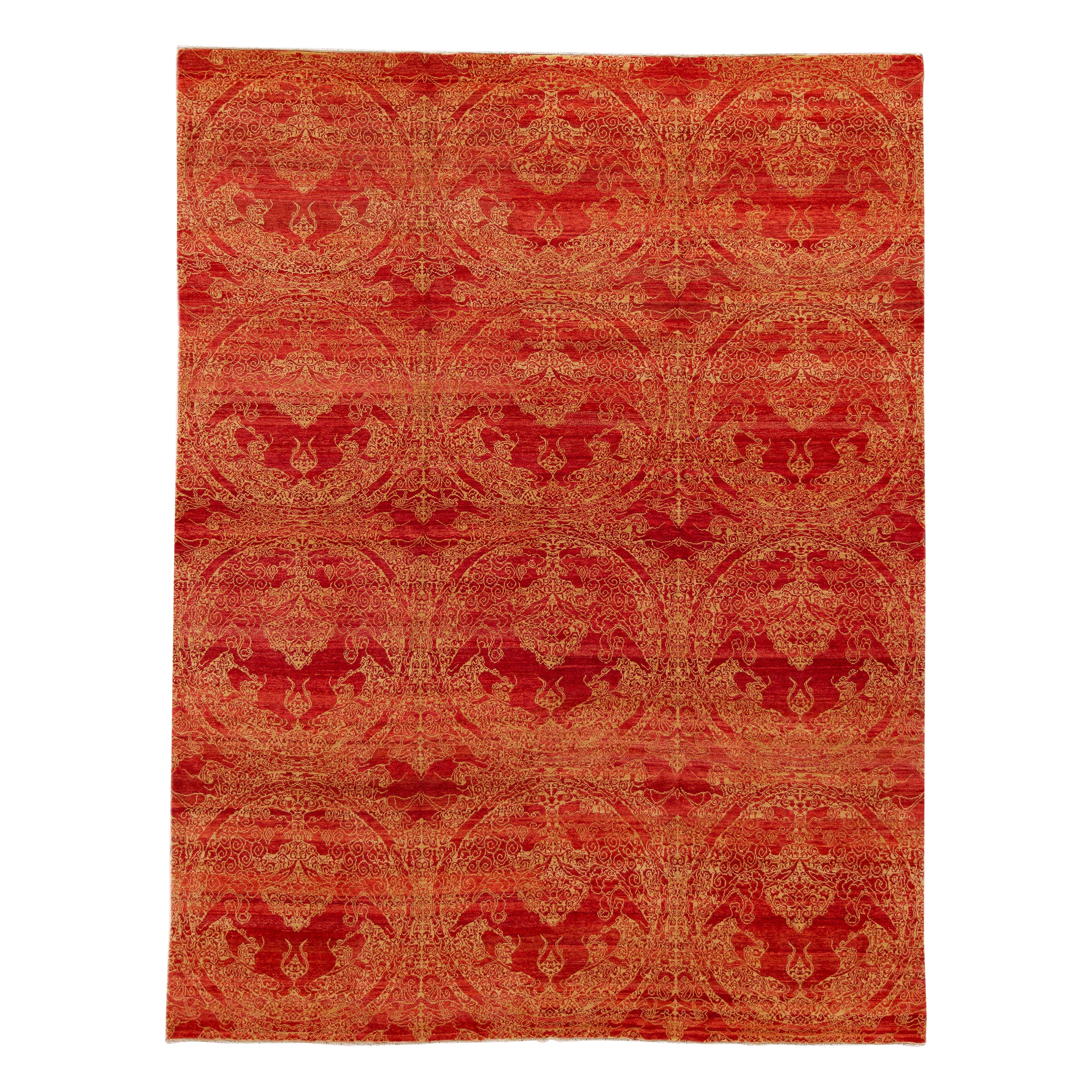 Modern Spanish Sino Wool Rug Handmade In Red and Beige With Allover Motif For Sale