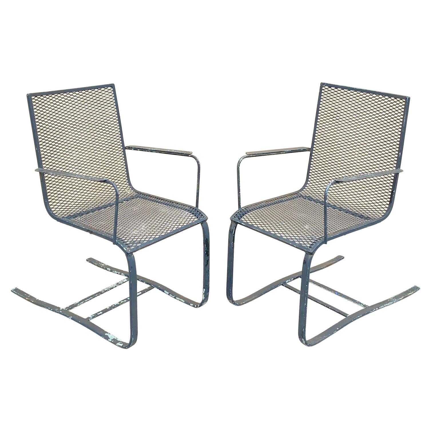 Industrial Modern Wrought Iron Metal Mesh Cantilever Garden Patio Chair - a Pair For Sale