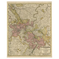 Antique Map of the Area centered on the Rhine River with original coloring