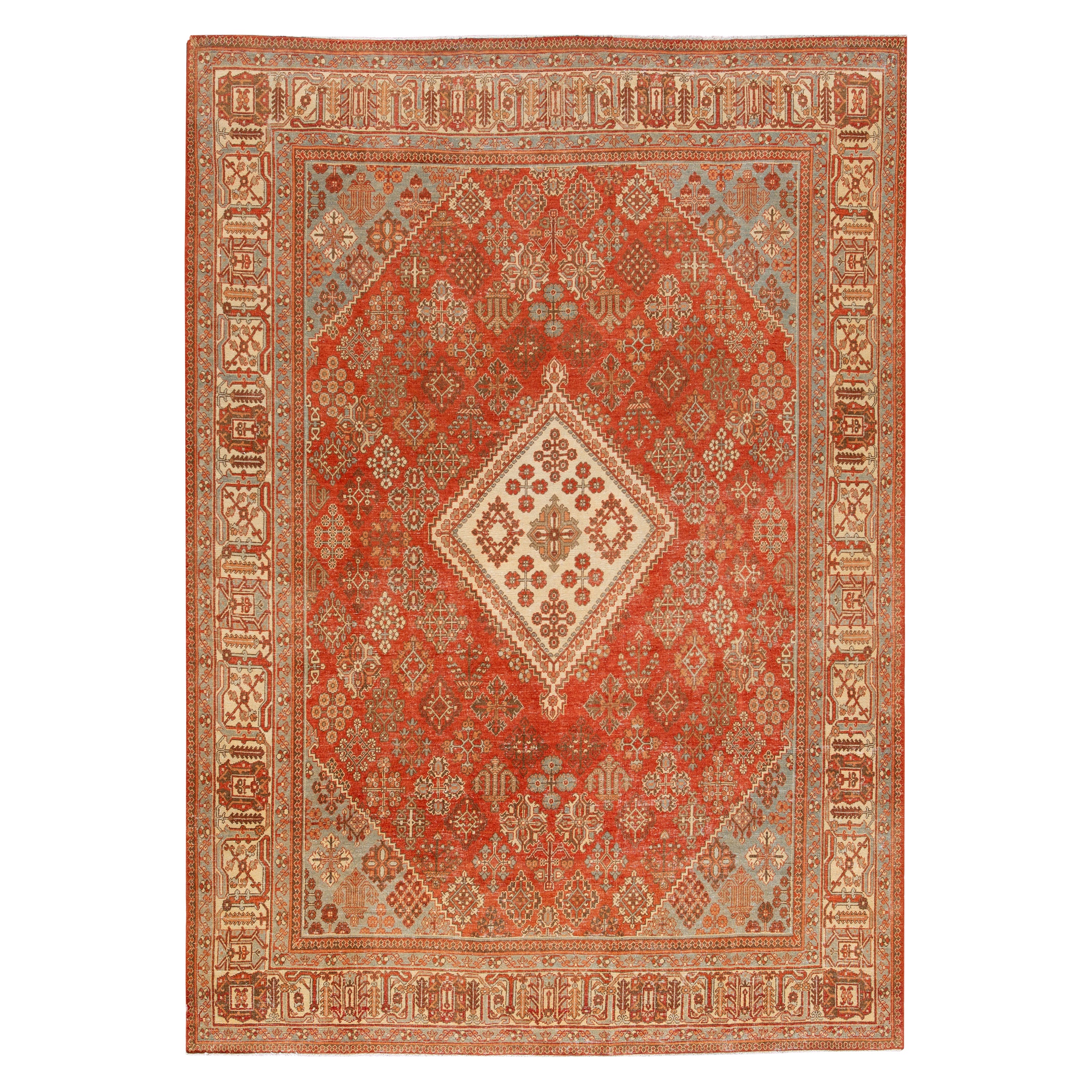 Medallion 1920s Handmade Josheghan Persian Wool Rug in Orange/Rust For Sale