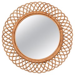 Midcentury French Riviera Rattan and Bamboo Round Mirror, Albini, Italy 1960s