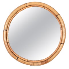 Midcentury Round Italian Mirror with Double Bamboo Weaved Wicker Frame, 1970s