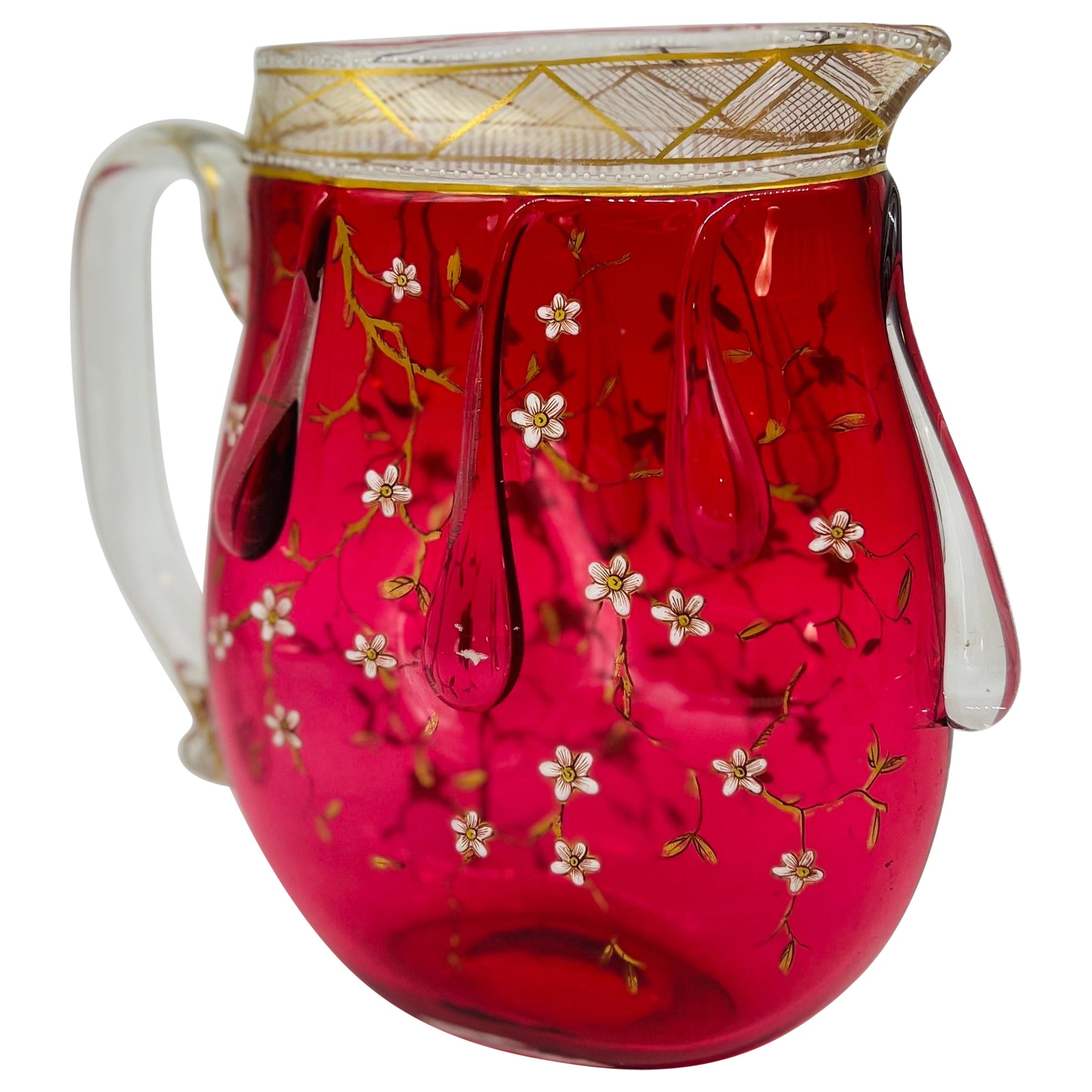 Rare Moser Floral Enamel & Drip Decorated Cranberry Art Glass Pitcher For Sale
