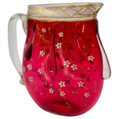Used Rare Moser Floral Enamel & Drip Decorated Cranberry Art Glass Pitcher