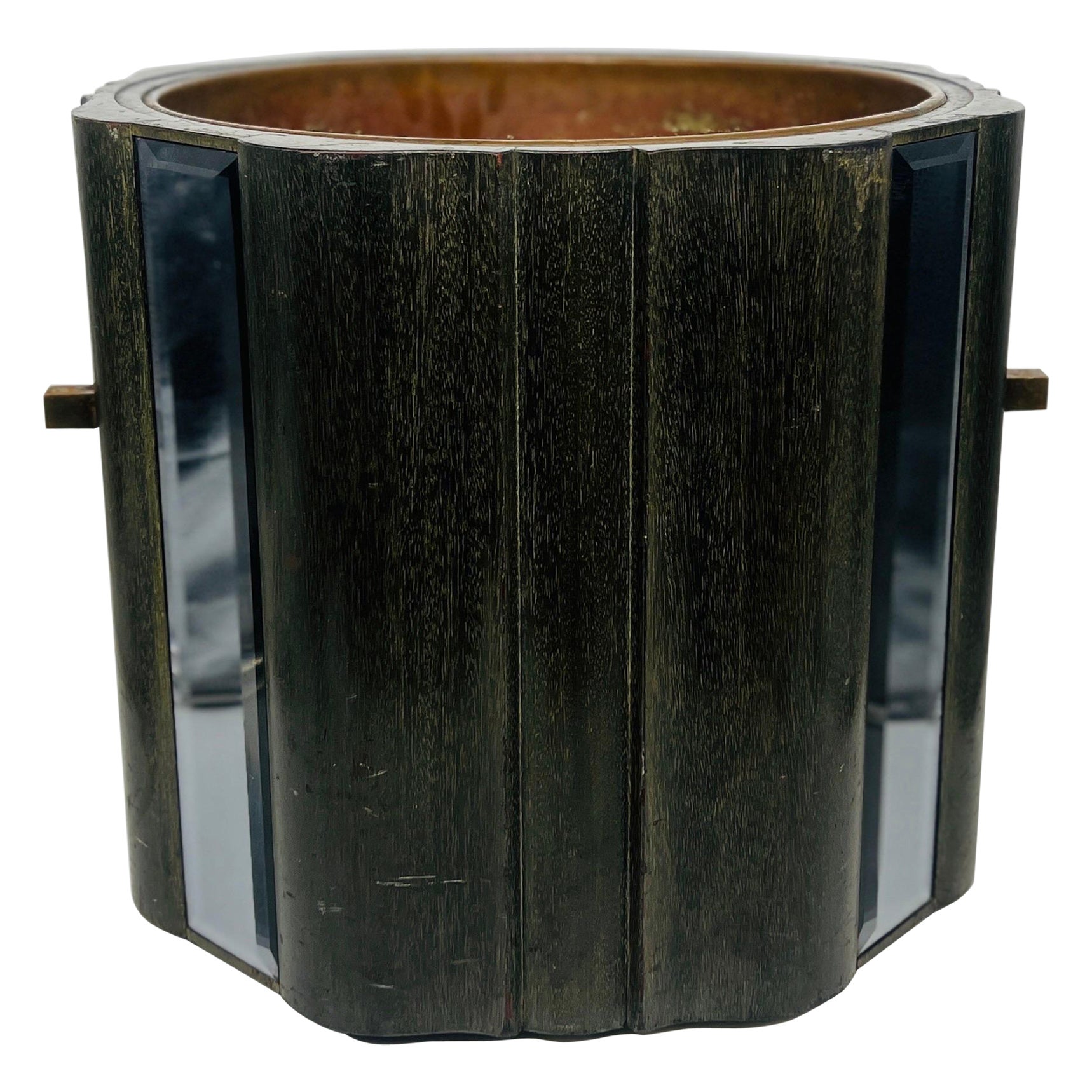 French Modern Cerused Oak, Bronze, Mirrored & Copper Lined Jardiniere Planter  For Sale