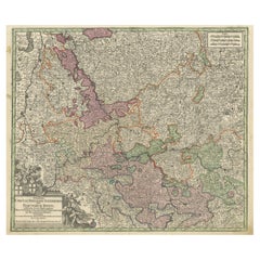 Carte ancienne du cours du Rhin de Philippsburg à Duisburg, Allemagne