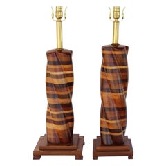 Pair of Parquetry Turned Wood Lamps