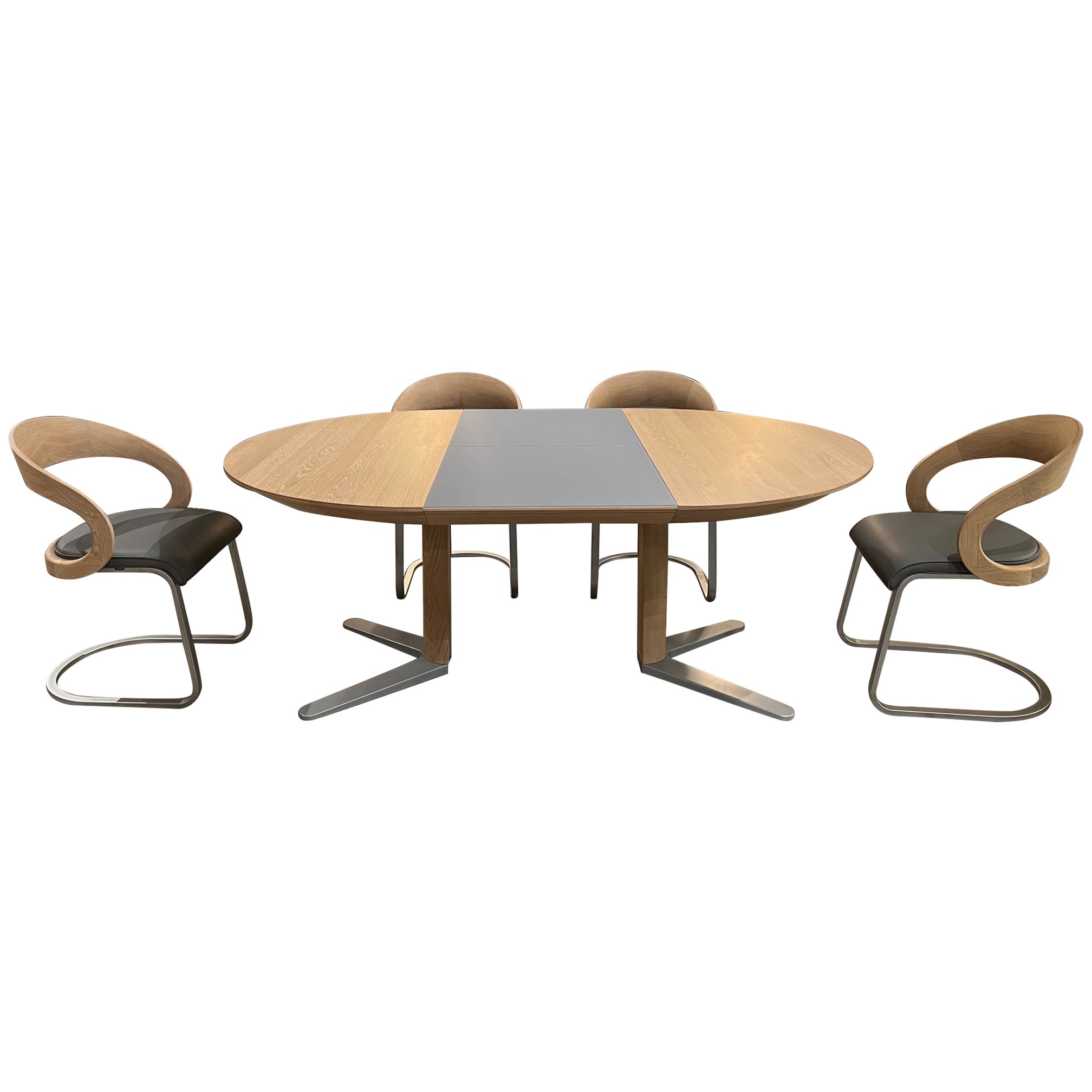 Ausziehbarer Tisch aus weißer geölter Eiche/grauem Glas mit 4 Stühlen 