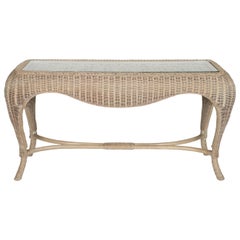 Sculptural Glass Top Wicker Console Table