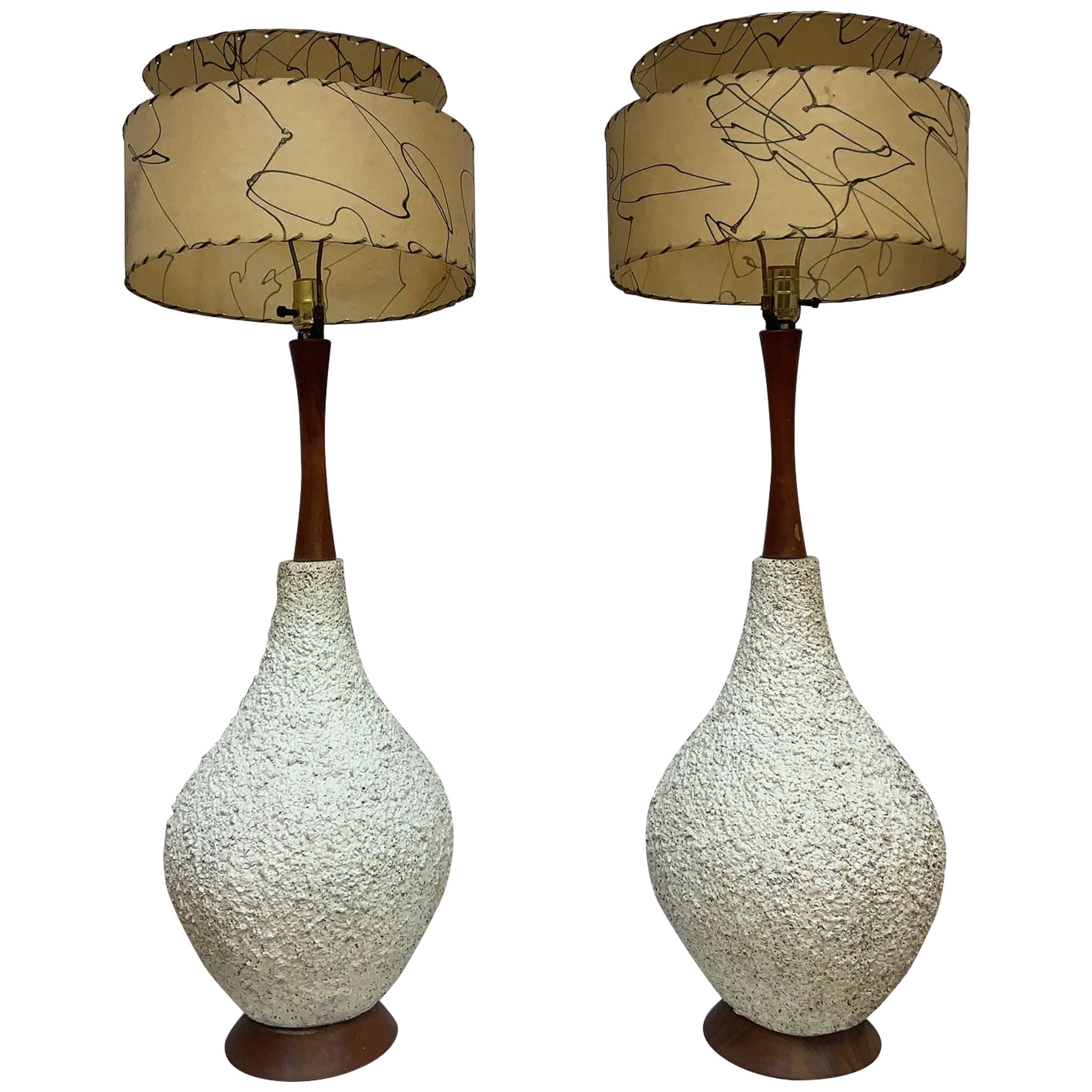 Mid Century-Modern Large Teak Popcorn Base Table Lamps - Pair For Sale