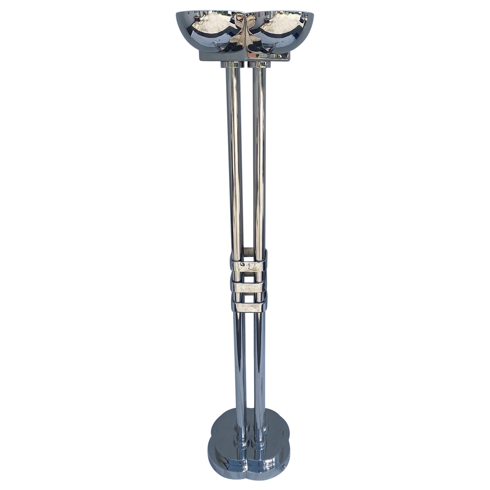 Rare Art Deco Period Polished Chromed Torchiere Lamp - Two Available For Sale