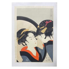Vintage Kitagawa Utamaro Japanese Woodblock Print  Naniwa Okita Admiring Herself