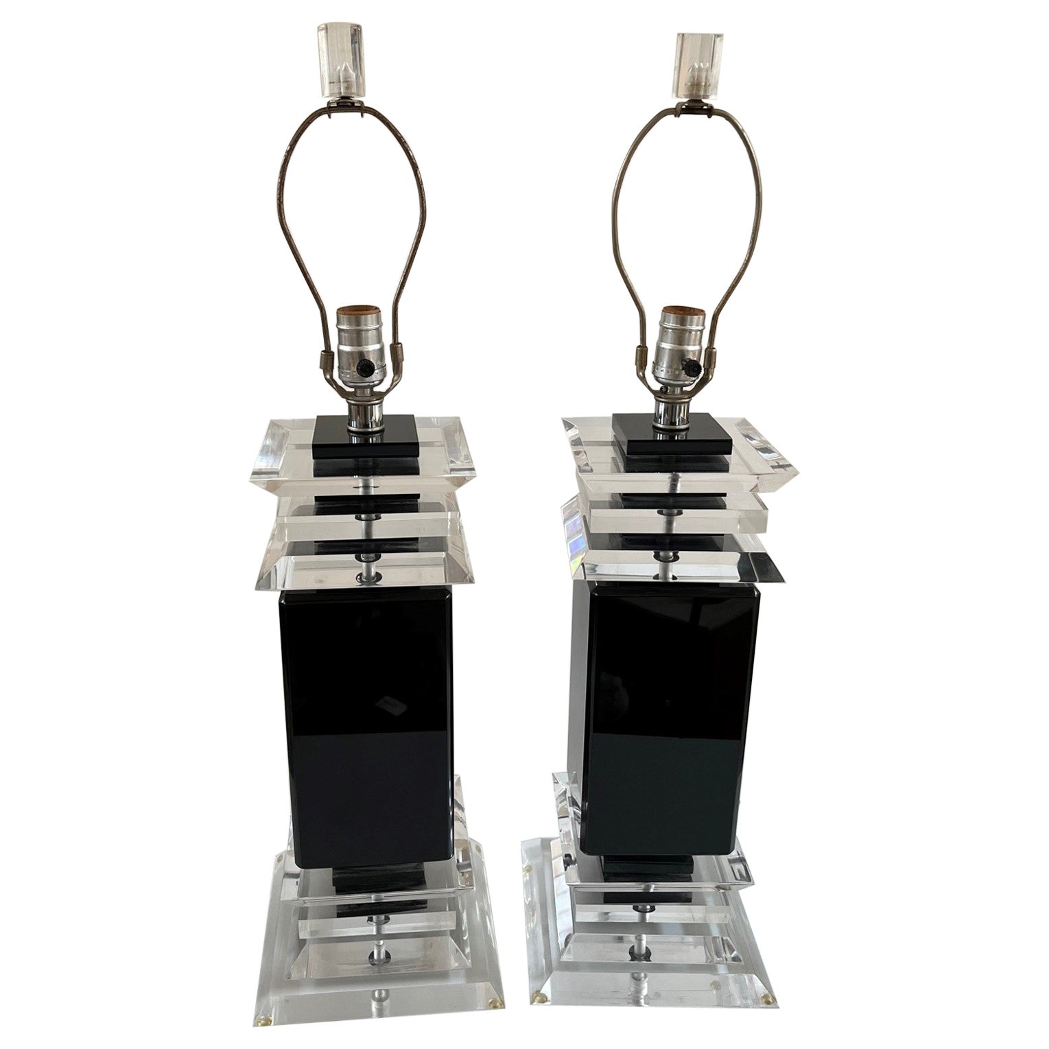 Pair of Modern Karl Springer Style Square Base Lucite Table Lamps For Sale