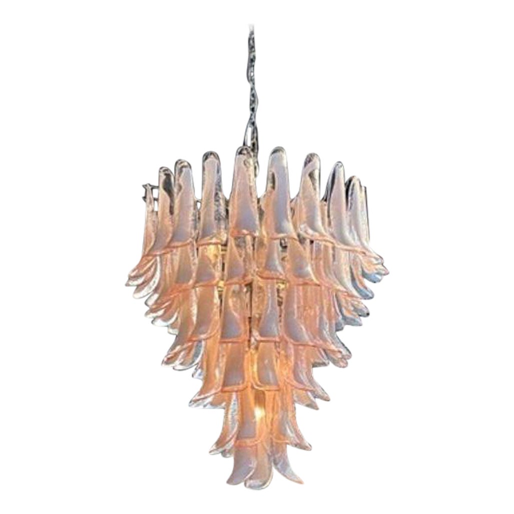 Murano Pink and White Saddle Waterfall Chandelier For Sale