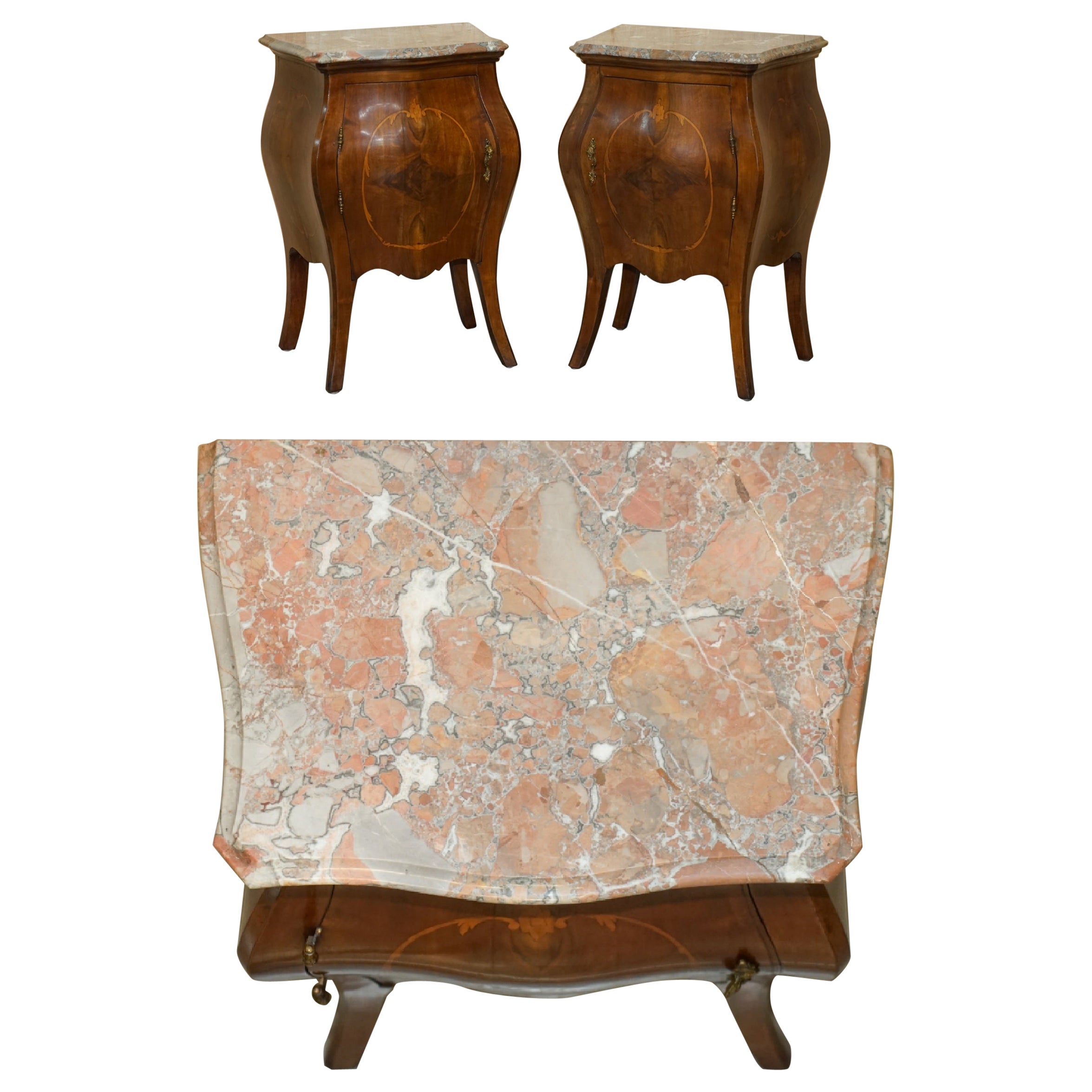 FINE PAiR OF ANTIQUE 1880 Italienische MARBLE TOP BOMBE NIGHTSTAND SIDE TABLE CHEST im Angebot