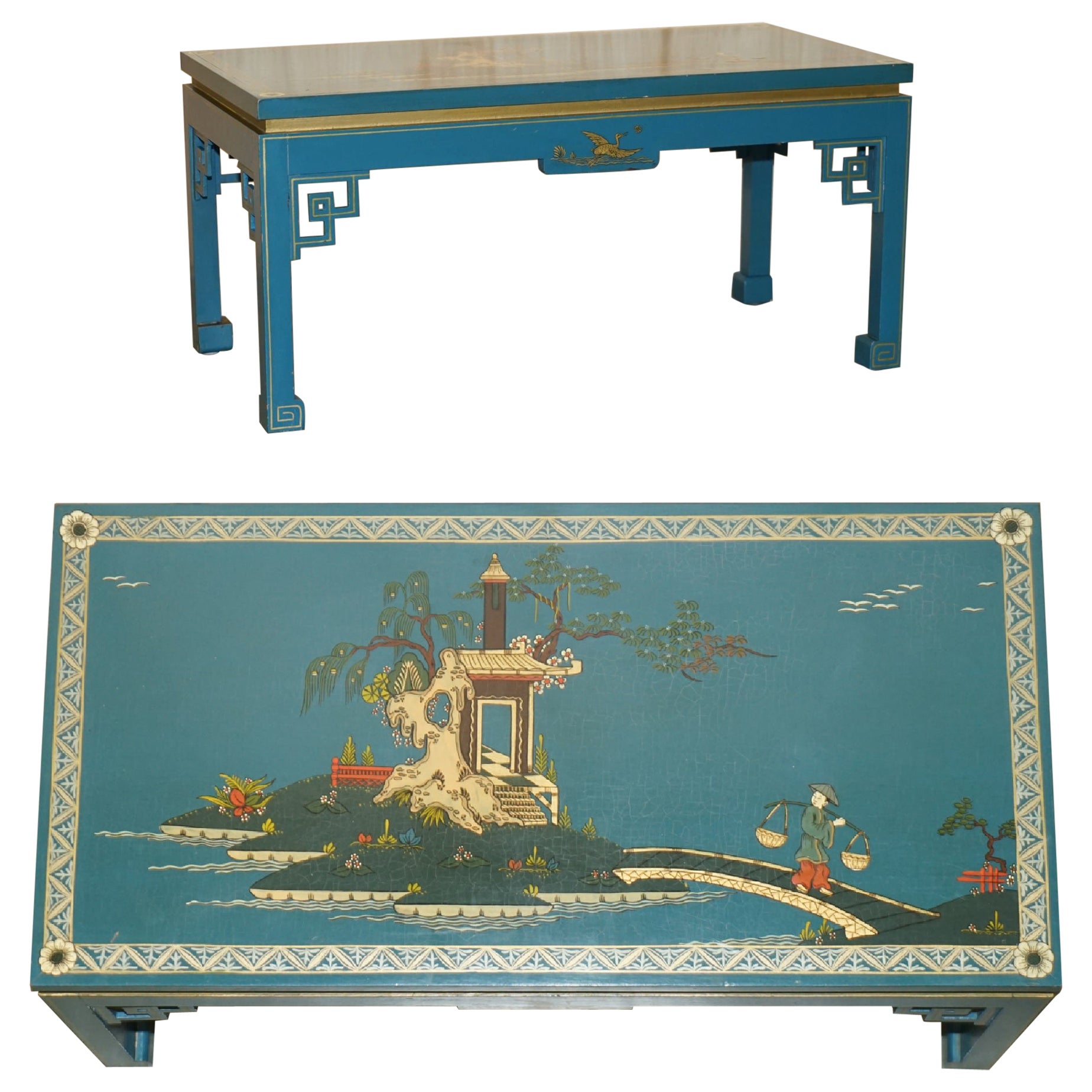 RARE BLUE PAINTED & LACQUERED CHiNESE CHINOISERIE ORIENTAL COFFEE COCKTAIL TABLE