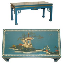 SELTENE BLUE PAINTED & LACQUERED CHiNESE CHINOISERIE ORIENTAL COFFEE COCKTAIL TABLE