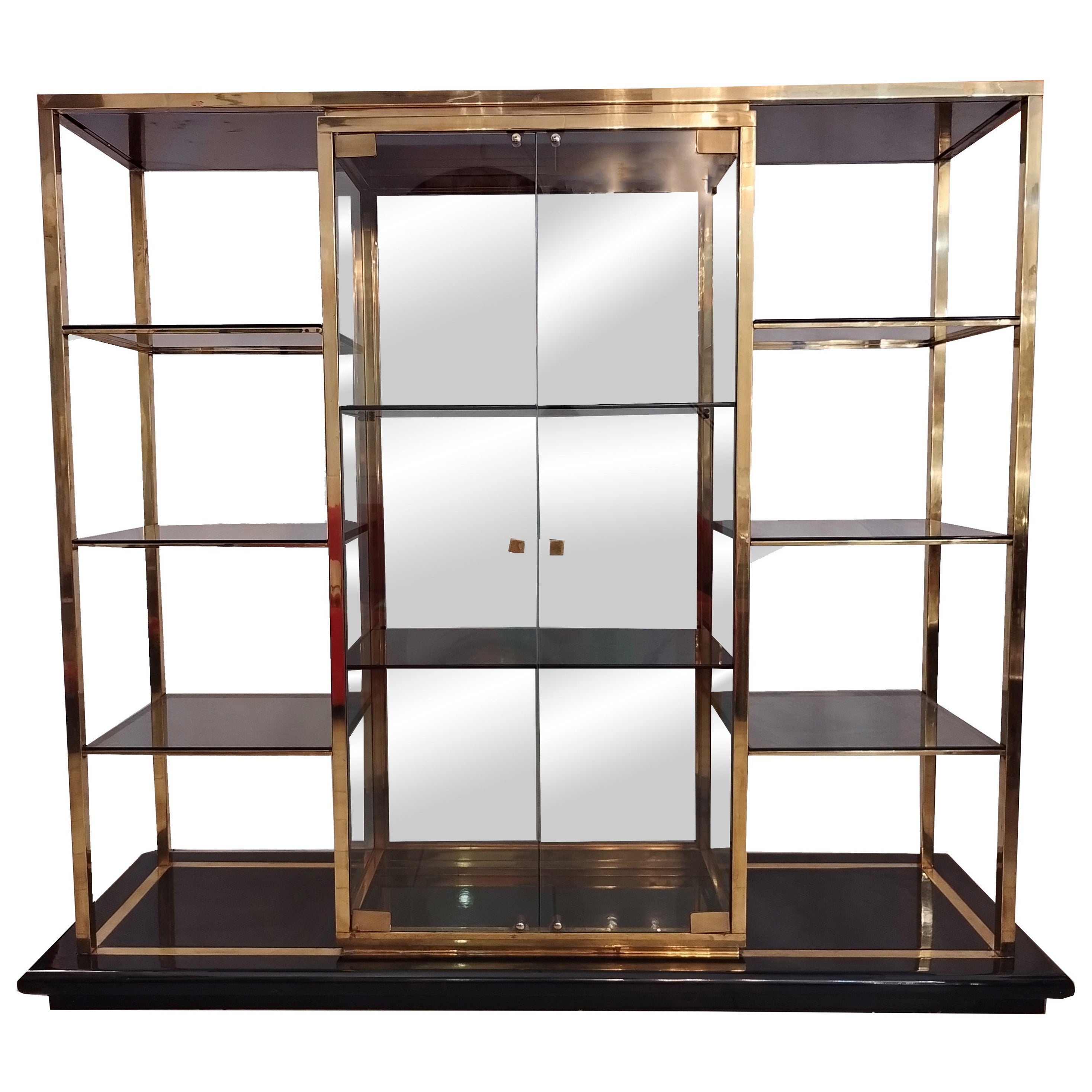 Romeo Rega Brass Etagere with Display Window, Italy 1970s For Sale