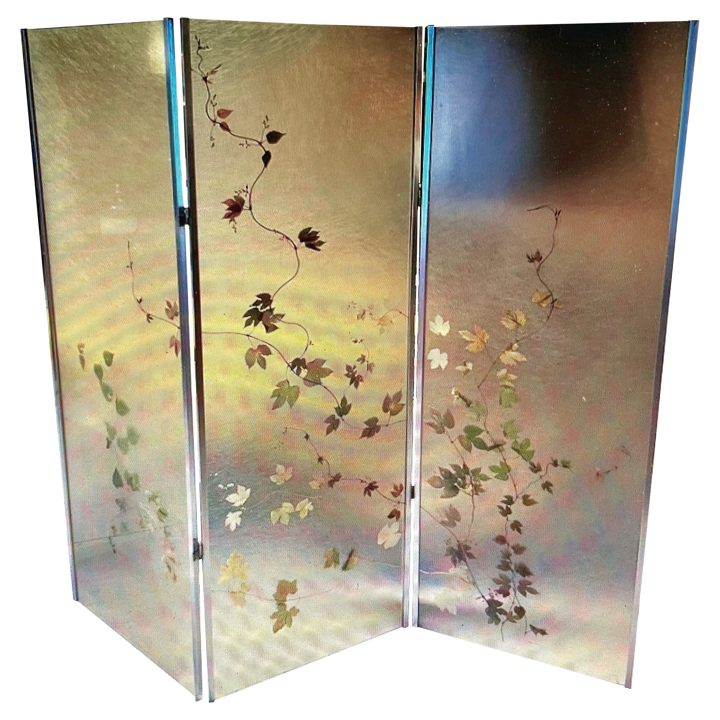 Three Panels Acrylic "Herbier" Screen With Foliage Inclusions, France 1970.