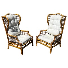 Pair of 2 vintage bamboo armchairs with ears  Circa 1960