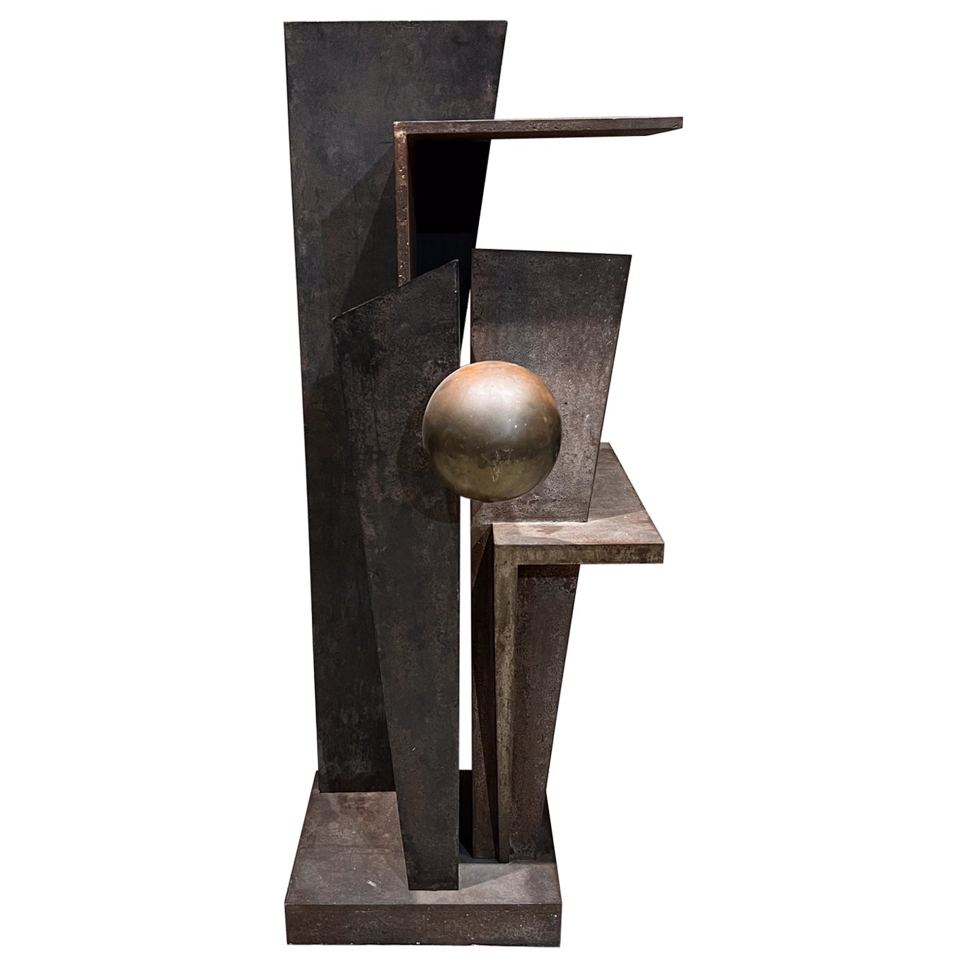Art abstrait moderne des années 1990 Sculpture géométrique en fer et bronze