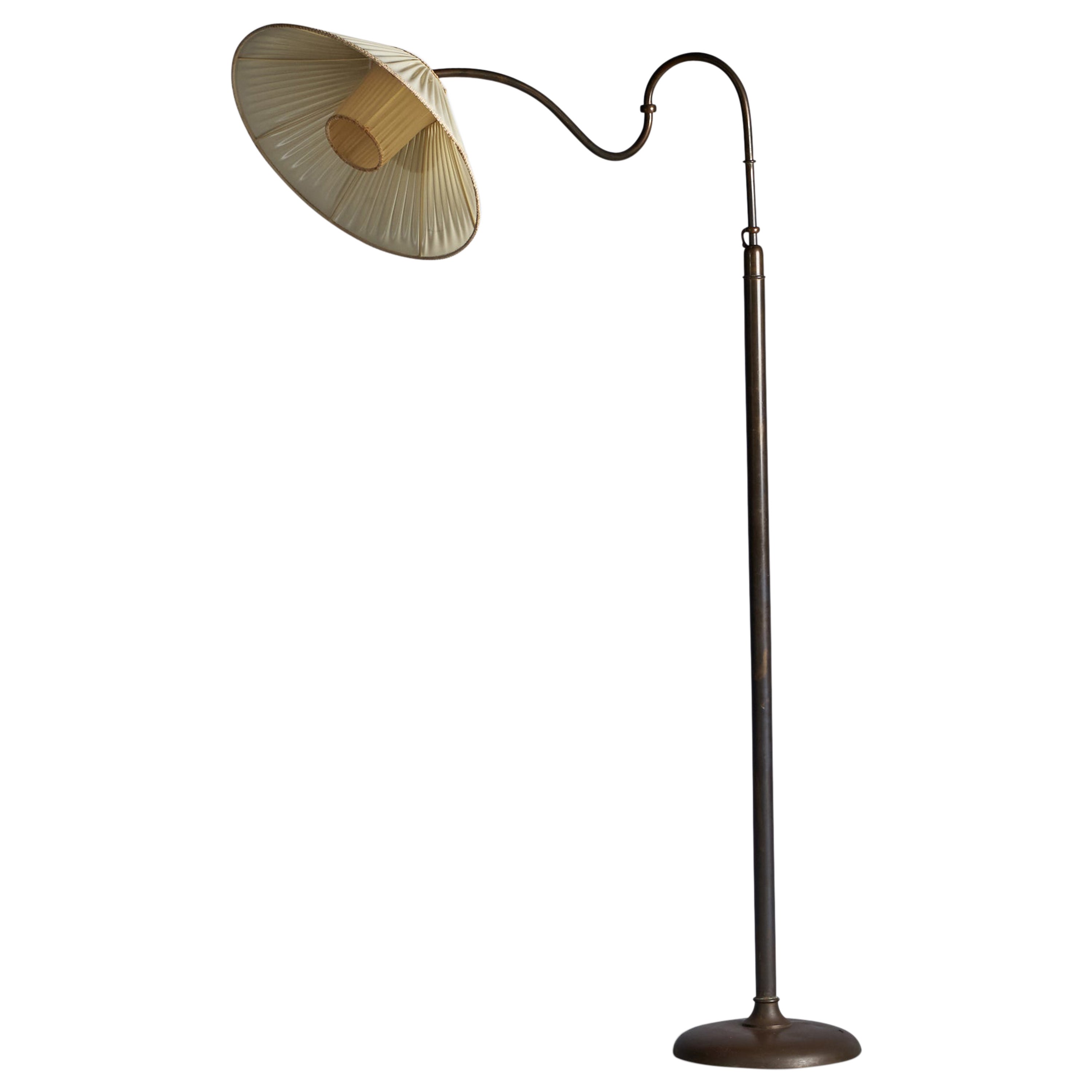 Italian Designer, Adjustable Floor Lamp, Brass, Fabric, 1940s For Sale