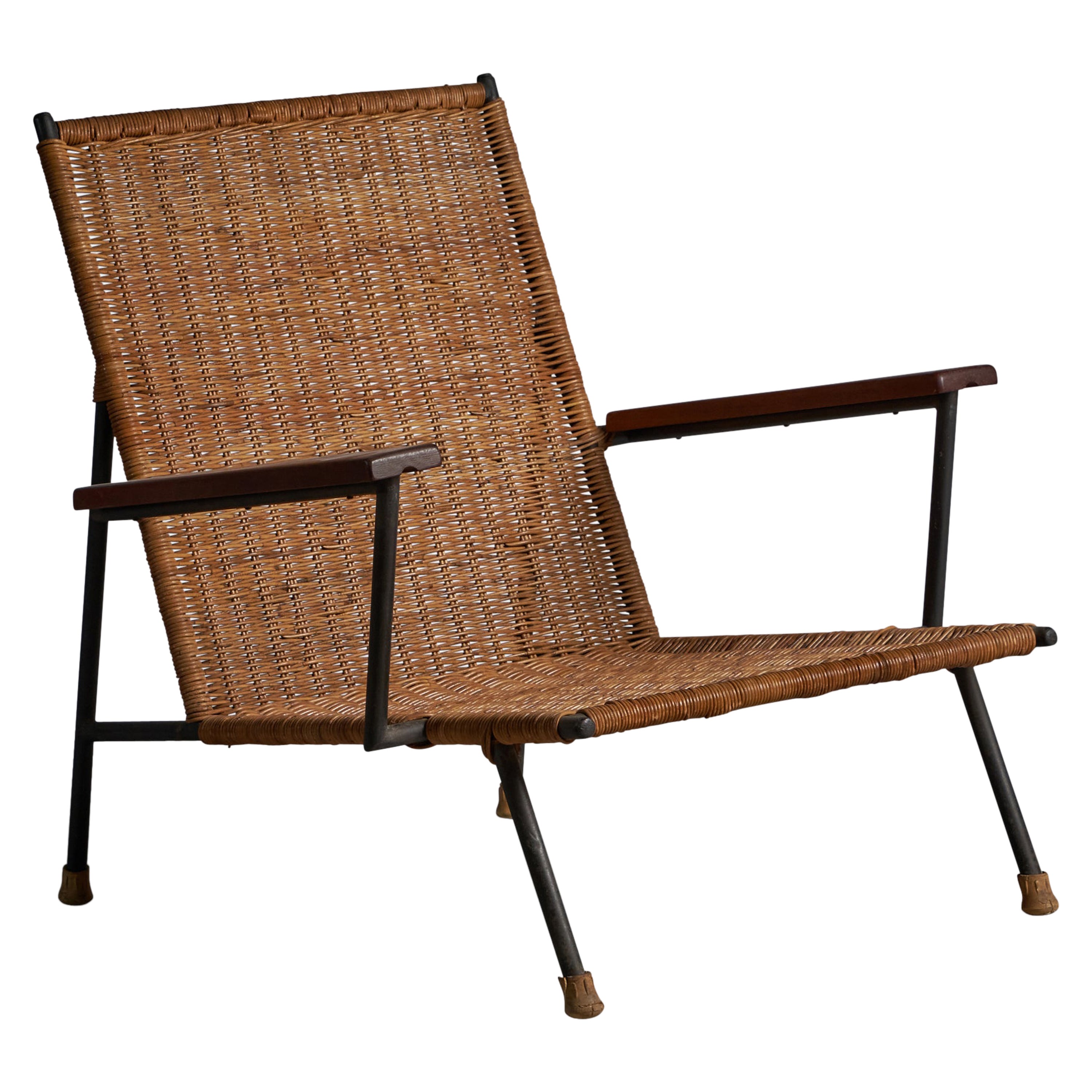 American Designer, Lounge Chair, Cane, Wood, Metal, USA, 1950s For Sale