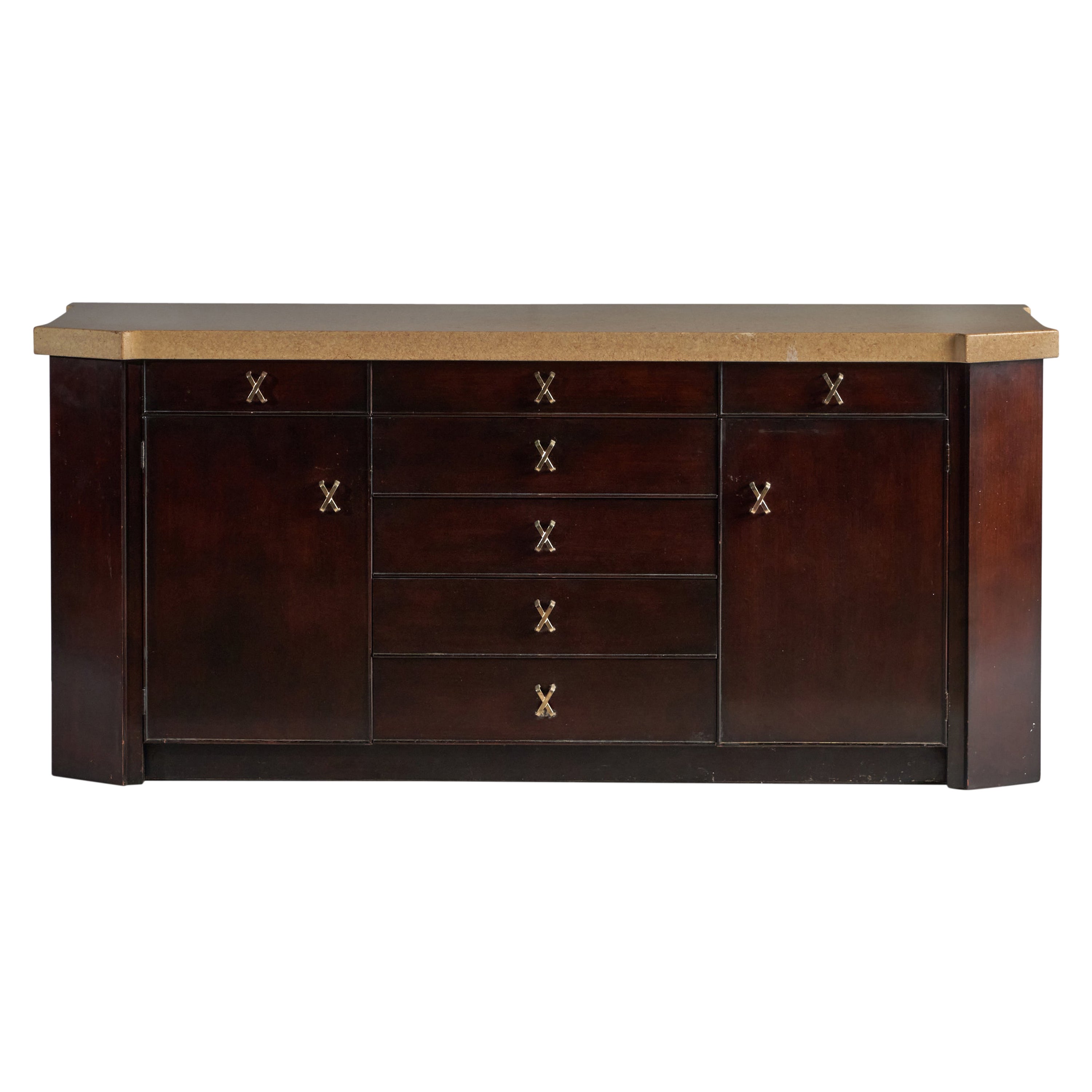 Paul Frankl, Cabinet, Mahogany, Cork, Brass, USA, 1950s For Sale