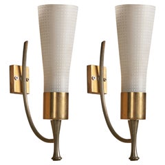 Italian Designer, Wall Lights, Brass, Metal, Glass, 1940s