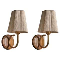 Danish Designer, Wall Lights, Wood, Brass, Fabric, Denmark, 1940s