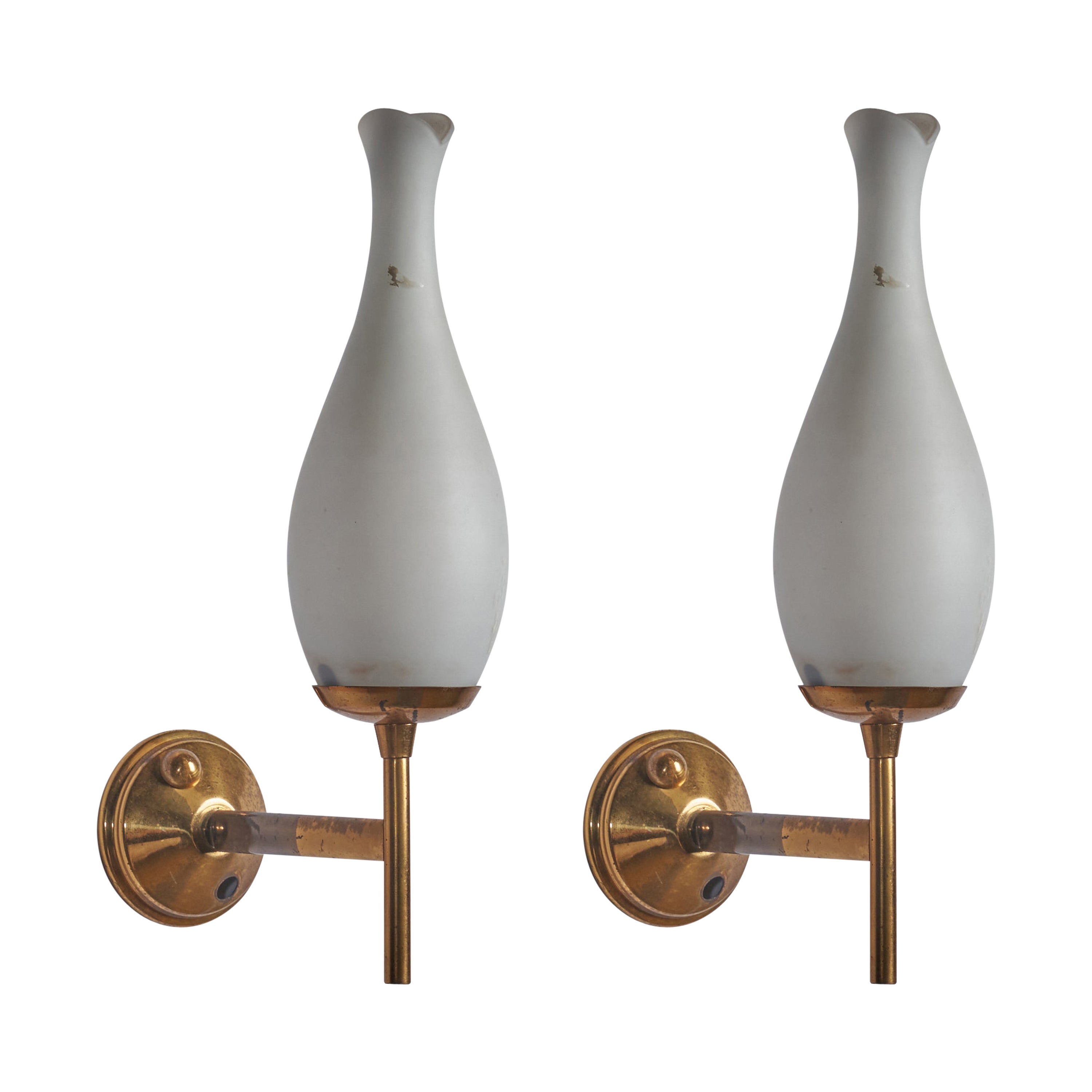 Italian Designer, Wall Lights, Brass, Glass, Italy, 1940s For Sale