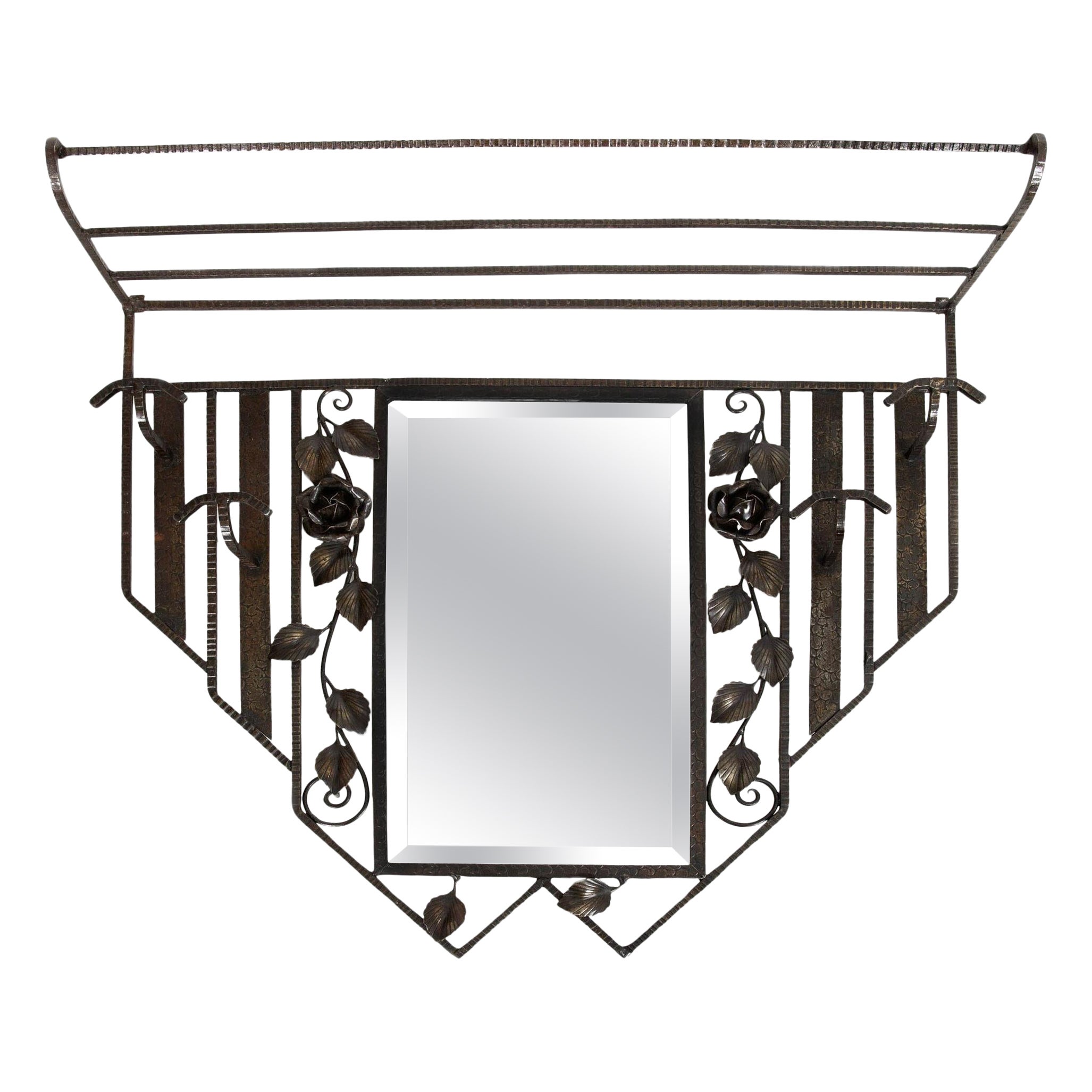 French Art Deco Iron Mirror Coat Rack circa 1930